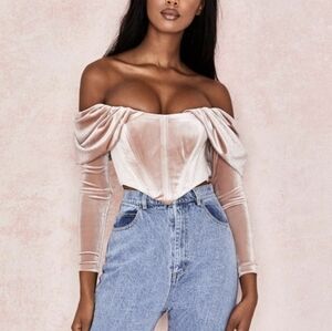 HOUSE OF CB Holly Top Blush Pink Velevet Long Sleeve Corset S Small